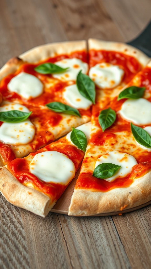 Classic Margherita Pizza Recipe A delicious Margherita pizza with tomato sauce, mozzarella, and basil on a rustic table.